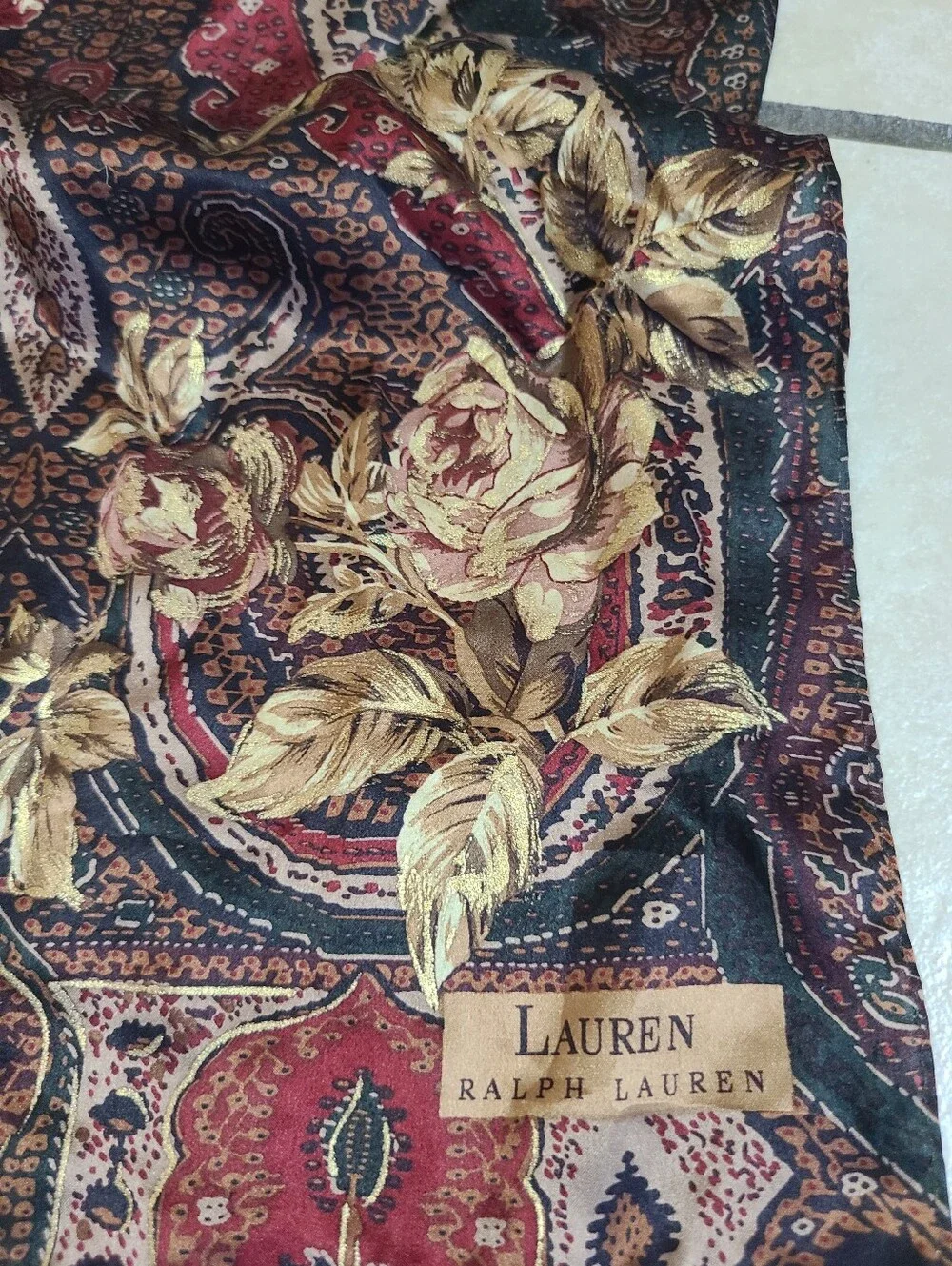 Vintage Lauren By Ralph Lauren Paisley Floral Scarf - Burgundy and Gold